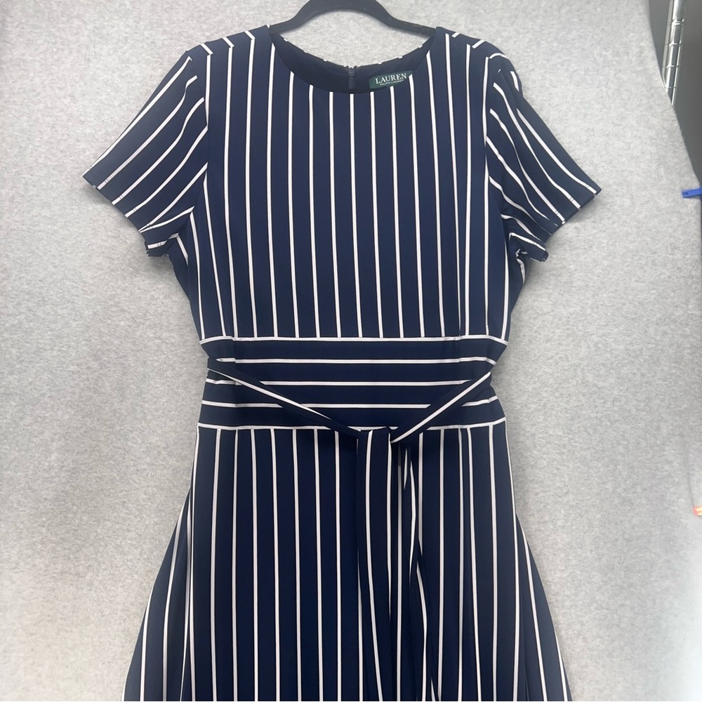 Ralph Lauren Navy & White Striped Midi Dress with Self-Tie Waist